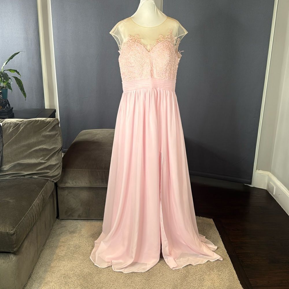 Woman’s Pink Formal Dress Gown with Sheer Lace Top Leg Slit Zip Back Size 14